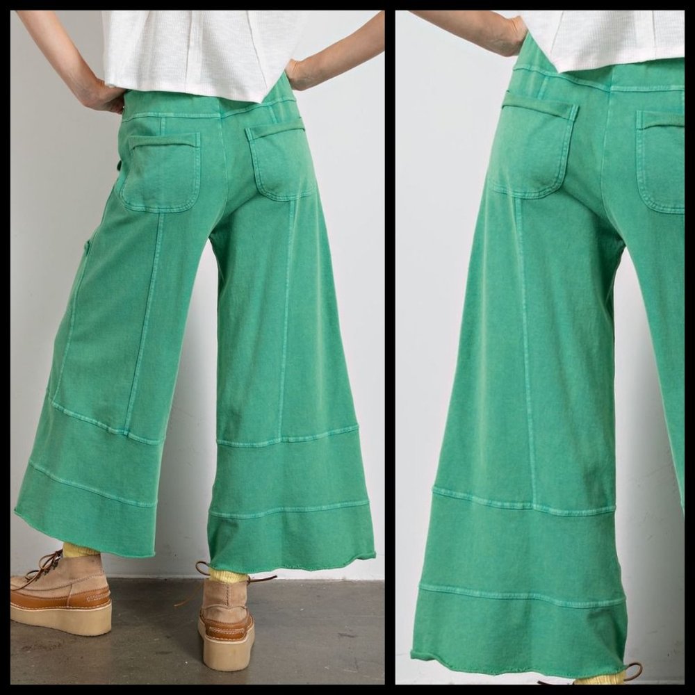 EASEL "Perfect Cargo" Terry Knit Mineral Washed Flared Leg Pants Raw Seams, Hems - Picture 3 of 15